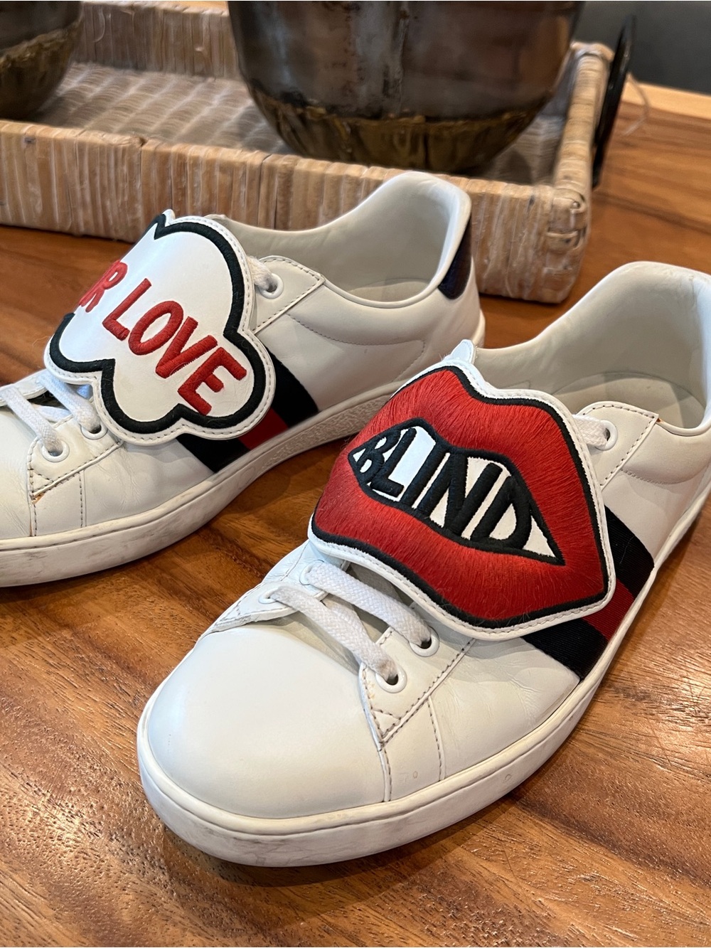 GUCCI Ace Sneakers “Blind For Love” 470012 White Leather Size 42 /US 9 Authentic - Picture 2 of 11